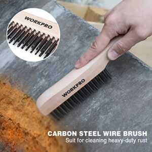 WORKPRO Wire Brush Set, 4Pcs Brass/Stainless/Carbon Steel Bristles Wire Scratch Brushes with Long Curved Beechwood Handle for Rust, Dirt & Paint Scrubbing with Deep Cleaning