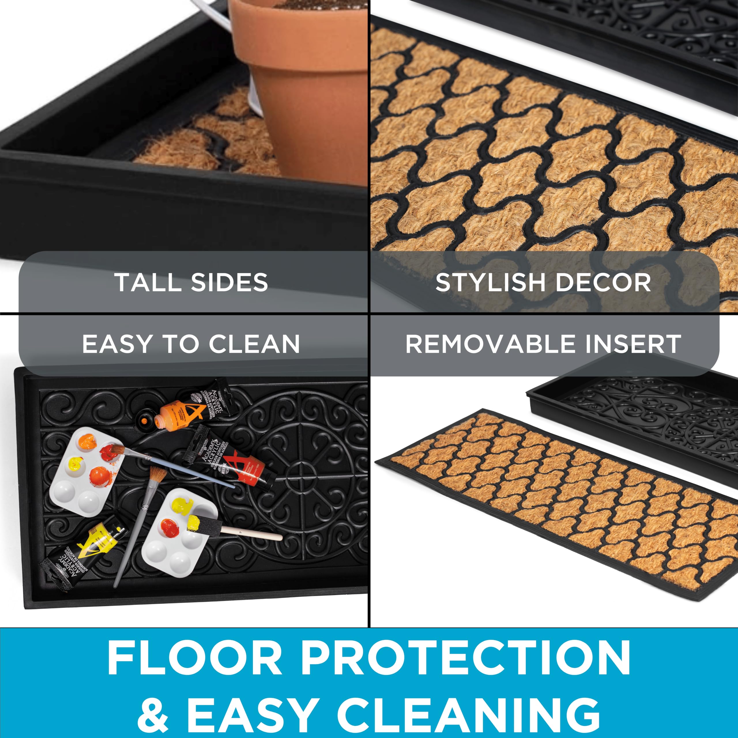 Rubber Boot & Shoe Tray | Coir Insert | 34" x 14" | Waterproof Shoe Tray for entryway | Trellis Pattern