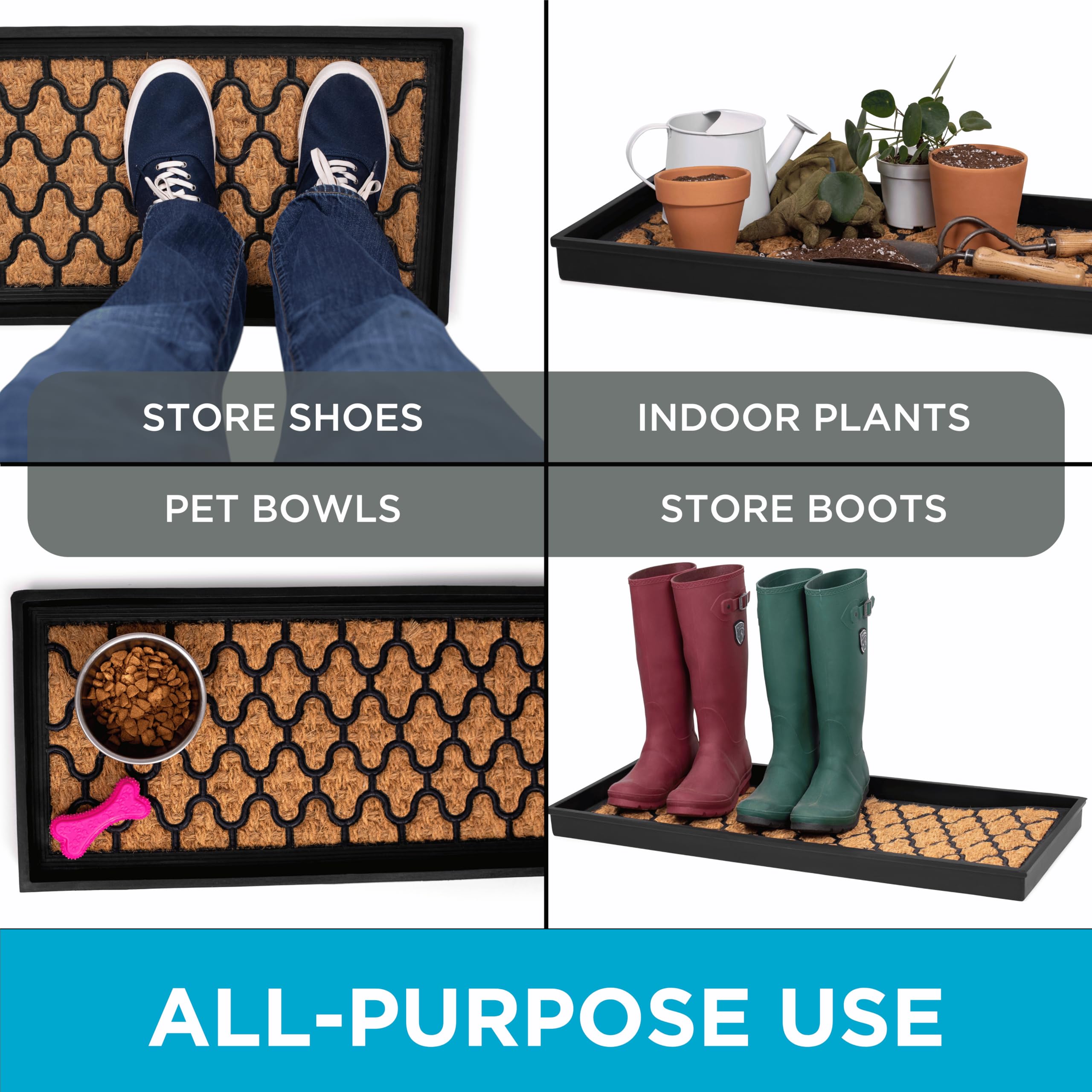 Rubber Boot & Shoe Tray | Coir Insert | 34" x 14" | Waterproof Shoe Tray for entryway | Trellis Pattern