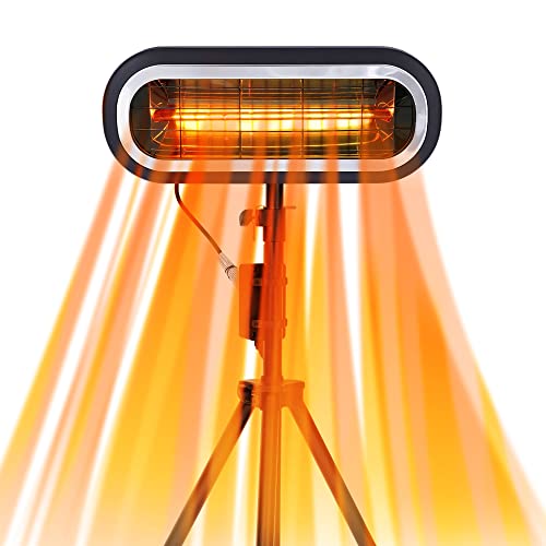 KUTON Outdoor Electric Heater, 1500W Infrared Patio Heater, Standing Indoor Heater with Telescopic Tripod, Tip-Over & IP65 Waterproof For Garage Backyard, Angle Adjustable, YD-SH-B