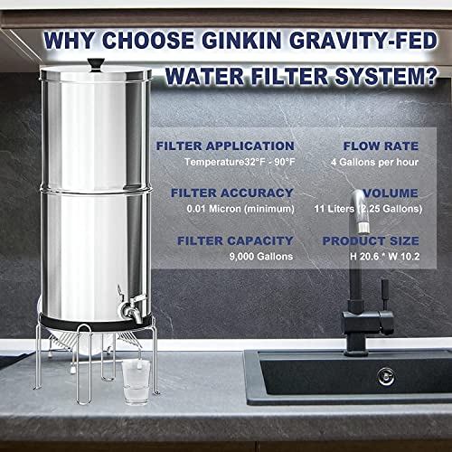 Ginkin Gravity-fed Water Filter System,with 2 Purification Filters for Home Camping Travel Outdoor Activities Emergencies,2.25-Gallon Stainless-Steel Countertop System with Stand