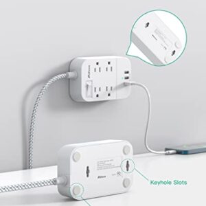 Power Strip Long Extension Cord - 10Ft Braided Extension Cord with Flat Plug, 4 Outlets and 3 USB Charging Ports, Overload Protection and Wall Mount for Home, Office