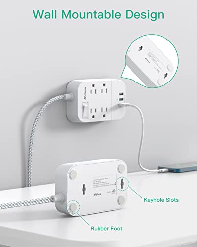 Power Strip Long Extension Cord - 10Ft Braided Extension Cord with Flat Plug, 4 Outlets and 3 USB Charging Ports, Overload Protection and Wall Mount for Home, Office