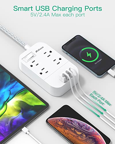 Power Strip Long Extension Cord - 10Ft Braided Extension Cord with Flat Plug, 4 Outlets and 3 USB Charging Ports, Overload Protection and Wall Mount for Home, Office