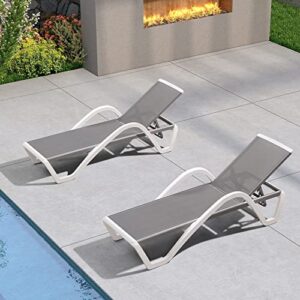 PURPLE LEAF Patio Chaise Lounge Chairs Set of 2 Outdoor Plastic Textilene Lounger 6 Adjustable Positions Sun Bathing Tanning Recliners for Pool Outside Beach in-Pool Lawn Poolside, Grey