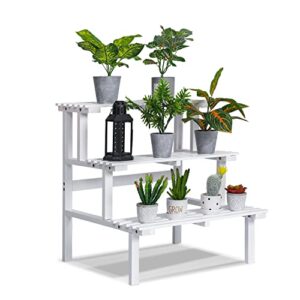 monibloom 3 tier stair style wood plant stand, flower pot display rack stand holder for indoor outdoor patio lawn balcony garden lawn home, white