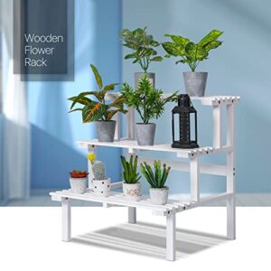 MoNiBloom 3 Tier Stair Style Wood Plant Stand, Flower Pot Display Rack Stand Holder for Indoor Outdoor Patio Lawn Balcony Garden Lawn Home, White