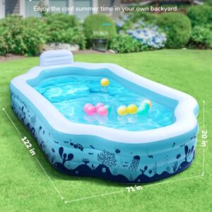 Inflatable Swimming Pool, Valwix 122" X 71" X 20" Full-Sized Family Blow Up Pools for Adults, Children, Above Ground Outdoor Garden Backyard Pool with Seat and Backrest, Summer Water Party for All