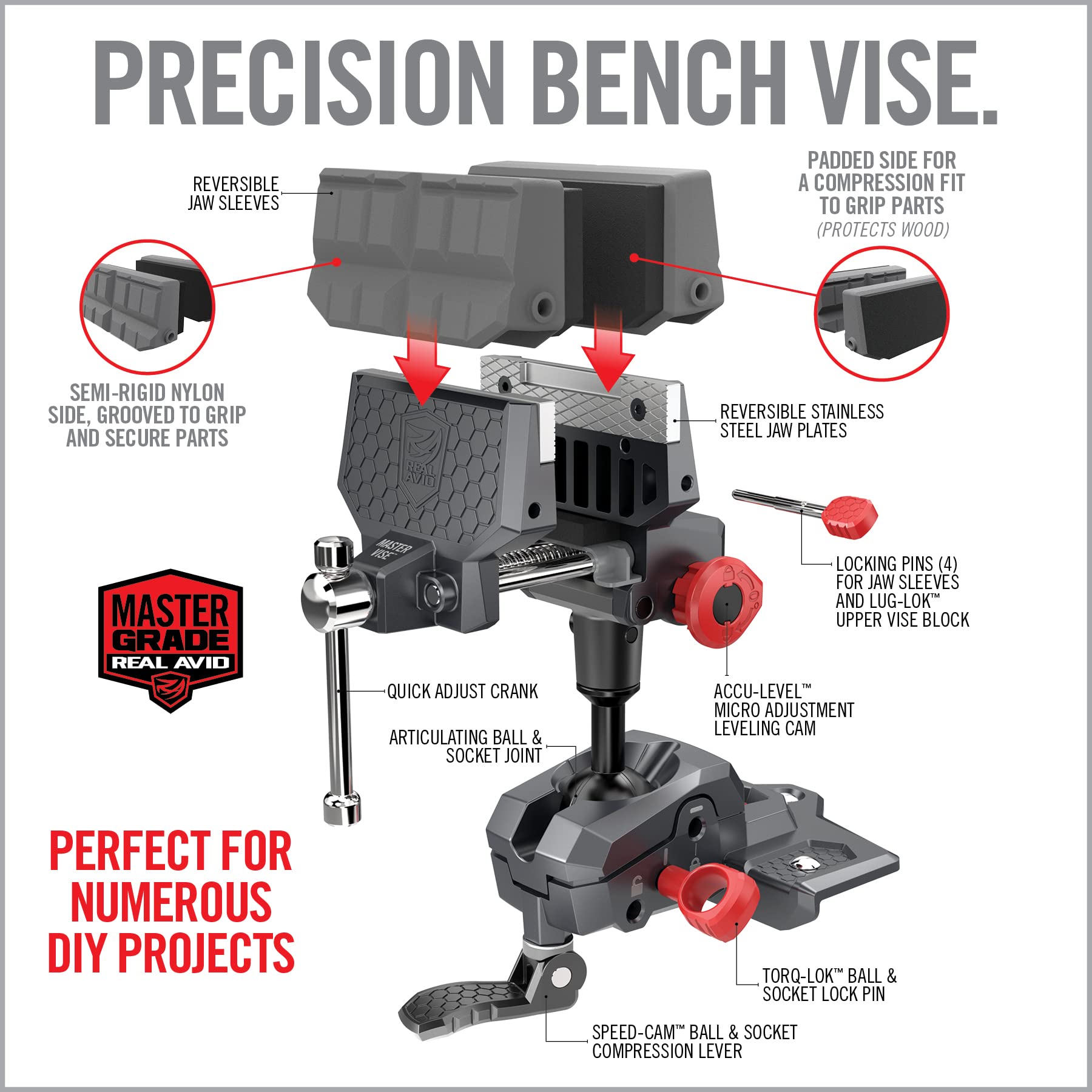 Real Avid Vise - 360° Swiveling Bench Vise for Optimal Positioning, Versatile Applications, 5" Jaw Width Vise for Cleaning, Maintenance, Woodworking & More High-Torque Applications up to 100 ft-lb