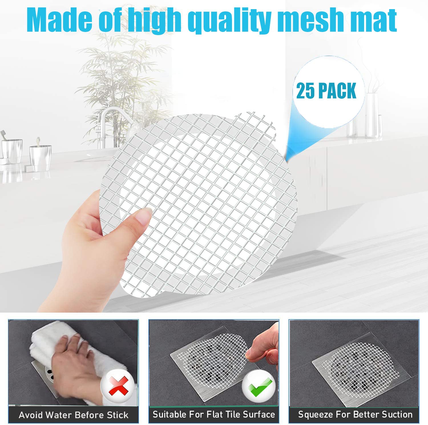 COMMON'H Disposable Hair Catcher for Shower Drain , 25 Pack, 3 1/2 Inch Mesh Shower Drain Covers, Stick on Bathroom Hair Catchers Drain Protector, (DrainSaver007)