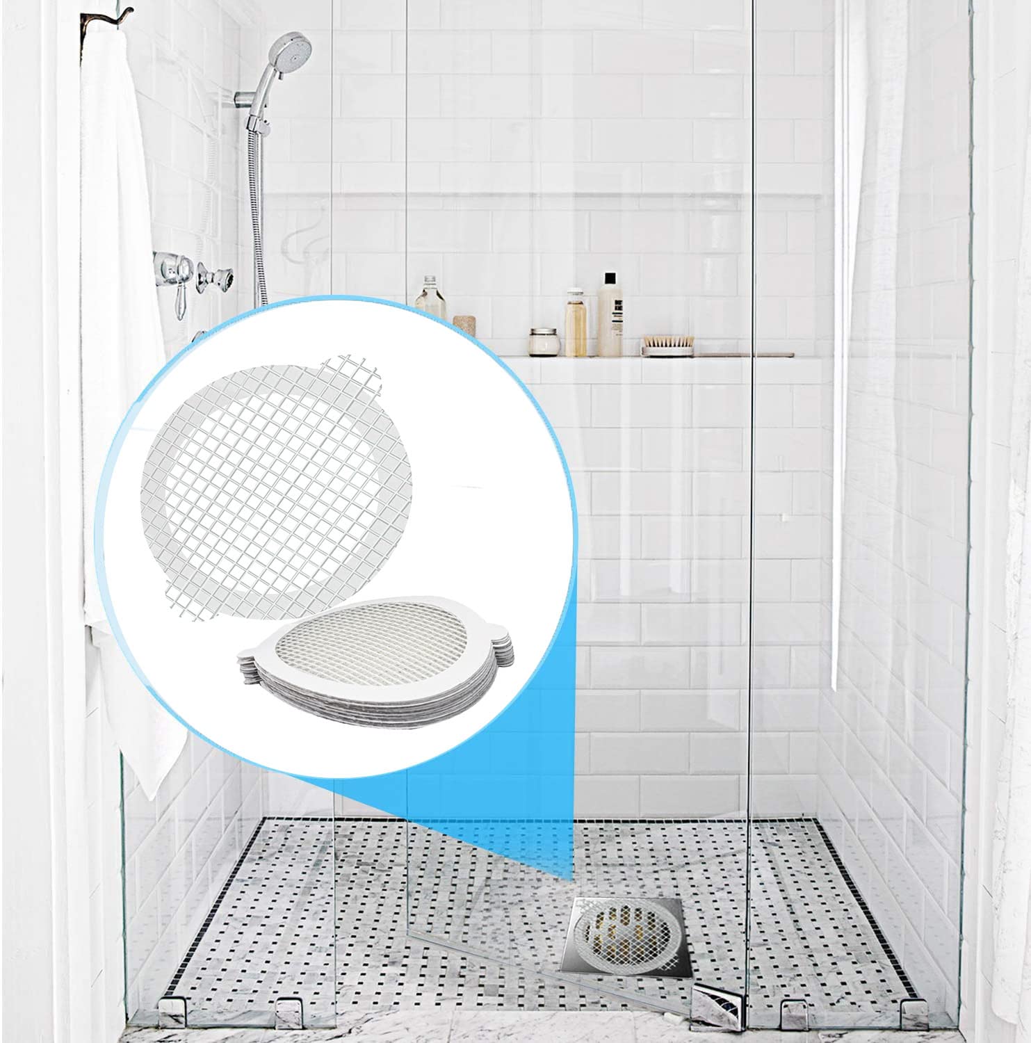 COMMON'H Disposable Hair Catcher for Shower Drain , 25 Pack, 3 1/2 Inch Mesh Shower Drain Covers, Stick on Bathroom Hair Catchers Drain Protector, (DrainSaver007)