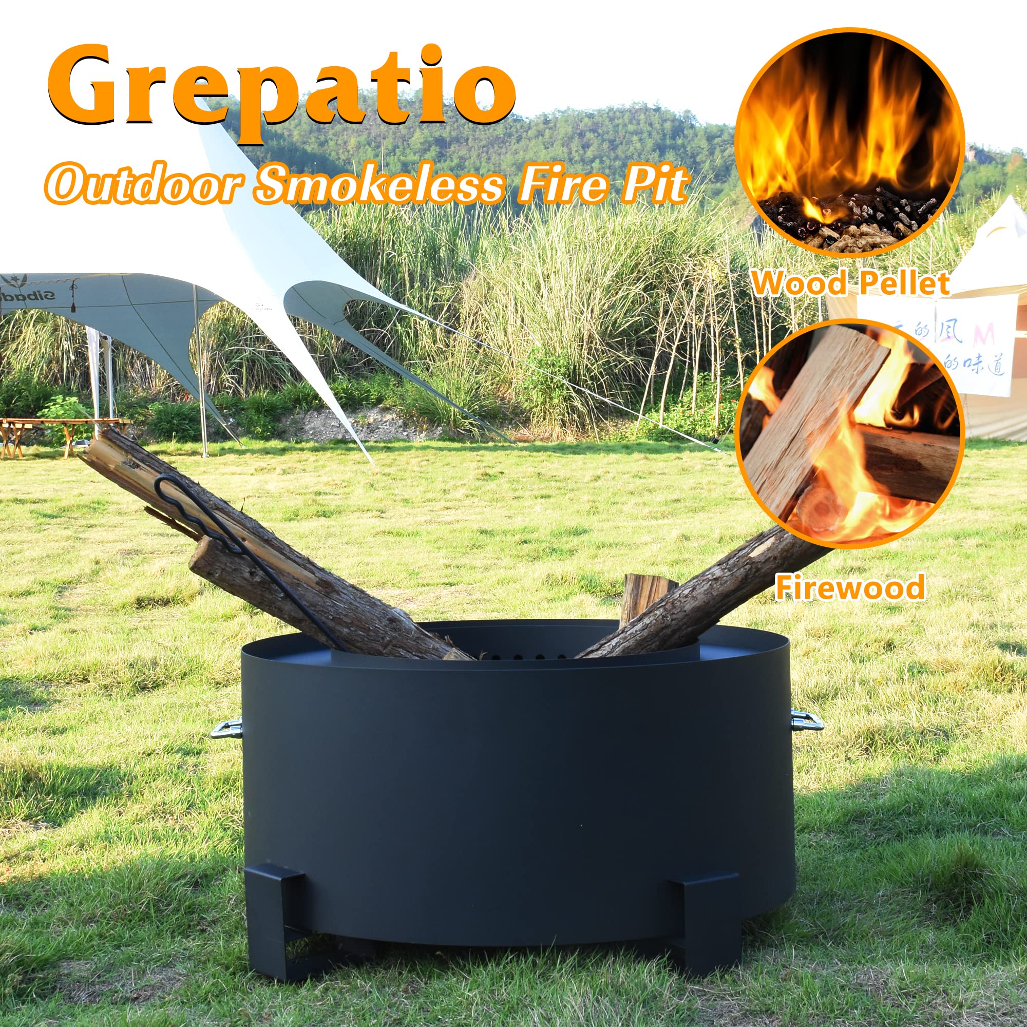 Grepatio Fire Pit, Outdoor Smokeless Fire Pit Wood Burning 27in Stove Bonfire Firepit with Cover Glass Bead for Outside, Patio, Wood Burning, Backyard Firebowl(Black)