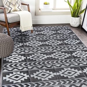 sand mine reversible mats, plastic straw rug, modern area rug, large floor mat and rug for outdoors, rv, patio, backyard, deck, picnic, beach, trailer, camping (5' x 8', black & grey)