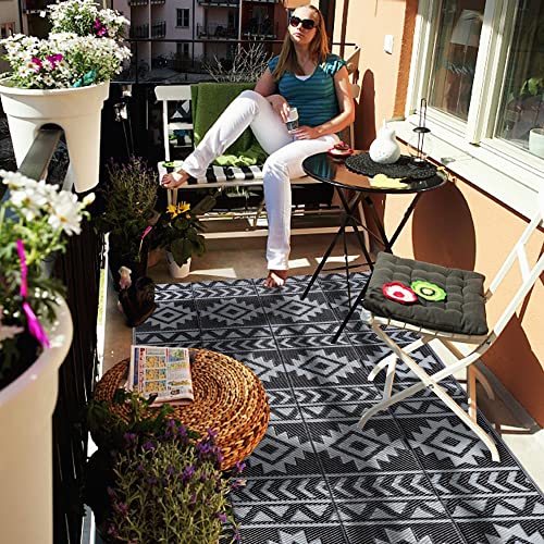 SAND MINE Reversible Mats, Plastic Straw Rug, Modern Area Rug, Large Floor Mat and Rug for Outdoors, RV, Patio, Backyard, Deck, Picnic, Beach, Trailer, Camping (5' x 8', Black & Grey)