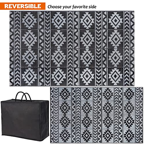 SAND MINE Reversible Mats, Plastic Straw Rug, Modern Area Rug, Large Floor Mat and Rug for Outdoors, RV, Patio, Backyard, Deck, Picnic, Beach, Trailer, Camping (5' x 8', Black & Grey)