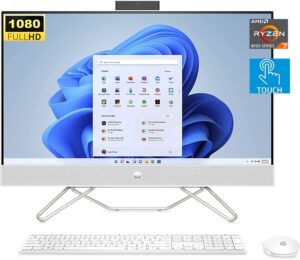 hp 27″ fhd touchscreen all-in-one desktop, amd ryzen 7 5700u, 32gb ram, 1tb sdd+1tb hdd, bluetooth, wifi, webcam, wireless keyboard and mouse combo, windows 11 home