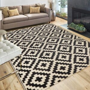 sand mine reversible mats, plastic straw rug, modern area rug, large floor mat and rug for outdoors, rv, patio, backyard, deck, picnic, beach, trailer, camping (4' x 6', black & beige lattice)