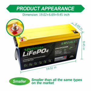 LOSSIGY 12V 200AH LiFePO4 Lithium Battery with BMS, 2560Wh Deep Cycle Power Supply, Perfect for Solar System, RV, Marine, Off Grid, Golf Cart