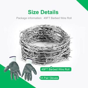 Suvunpo 49FT Barbed Wire,4 Point Barbed Wire Fence Perfect for Crafts, Fences, and Critter Deterrent,16 Gauge Barb Craft Wire Included a Pair of Gloves