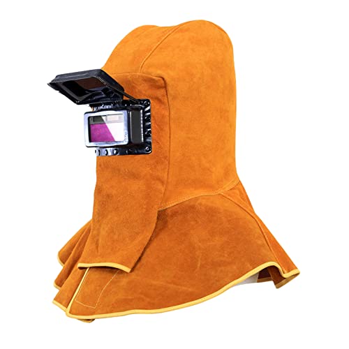 Leather Welding Helmet Mask, Welder Mask with Solar Auto Darkening Filter Lens Breathable Welding Protective Mask Golden Cowhide Split Leather Welding Hood, Work Cap (Full Head)