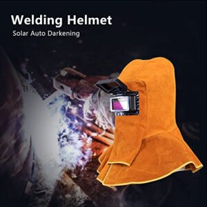 Leather Welding Helmet Mask, Welder Mask with Solar Auto Darkening Filter Lens Breathable Welding Protective Mask Golden Cowhide Split Leather Welding Hood, Work Cap (Full Head)