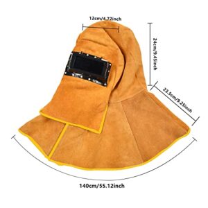 Leather Welding Helmet Mask, Welder Mask with Solar Auto Darkening Filter Lens Breathable Welding Protective Mask Golden Cowhide Split Leather Welding Hood, Work Cap (Full Head)