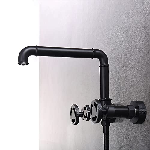 Yawhite Modern Industrial Pipe Wall Mounted Bathtub Filler Faucet with Hand Shower ,3-Handle Tub Faucet Swivel Spout Kit,High Pressure Rough in Valve Solid Brass Black