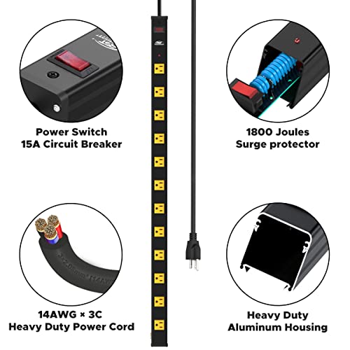 CRST Long Power Strip, 12-Outlet Heavy Duty Surge Protector Metal Power Bar with Wide Spaced 1800 Joules Protection 15A Circuit Breaker Mounting Brackets 6FT Extension Cord…