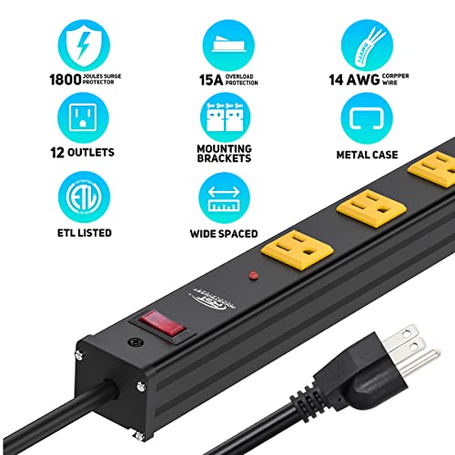 CRST Long Power Strip, 12-Outlet Heavy Duty Surge Protector Metal Power Bar with Wide Spaced 1800 Joules Protection 15A Circuit Breaker Mounting Brackets 6FT Extension Cord…