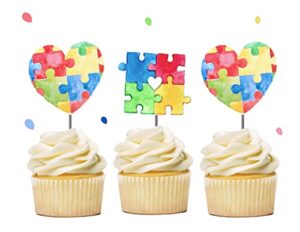 autism cupcake toppers 12 pcs, puzzle cake picks, colorful heart birthday decoration party supplies