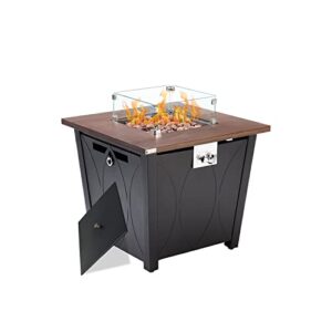 essential lounger 28” propane gas fire pit table, 50,000btu auto-ignition propane gas fire table, with tempered glass cover and black steel lid