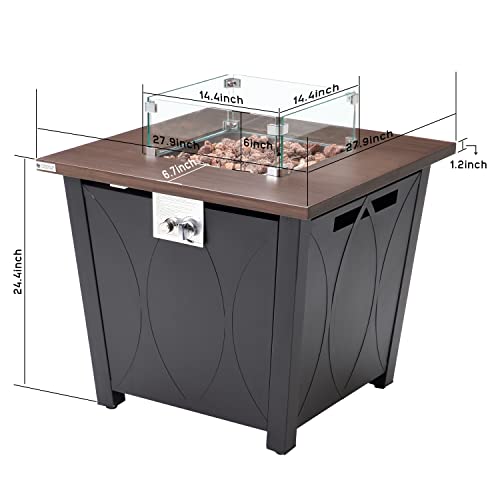 ESSENTIAL LOUNGER 28” Propane Gas Fire Pit Table, 50,000BTU Auto-Ignition Propane Gas Fire Table, with Tempered Glass Cover and Black Steel Lid
