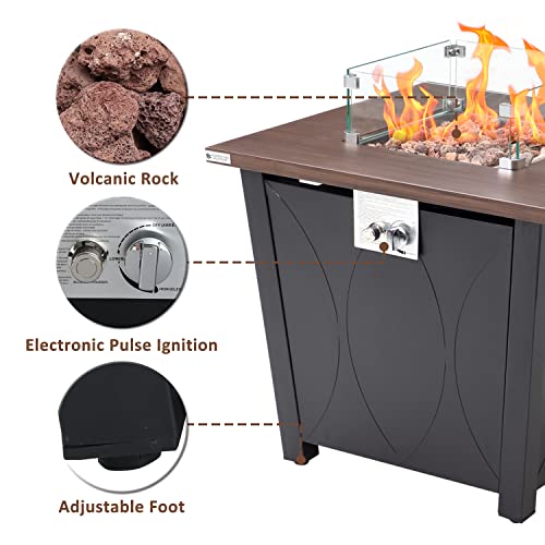 ESSENTIAL LOUNGER 28” Propane Gas Fire Pit Table, 50,000BTU Auto-Ignition Propane Gas Fire Table, with Tempered Glass Cover and Black Steel Lid