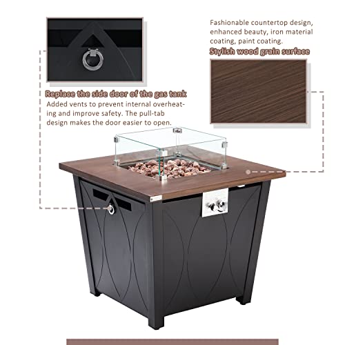 ESSENTIAL LOUNGER 28” Propane Gas Fire Pit Table, 50,000BTU Auto-Ignition Propane Gas Fire Table, with Tempered Glass Cover and Black Steel Lid