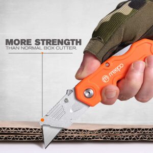 M MEEPO Box Cutter, 4-Pack Tough Folding Box Cutter for Heavy Duty Purpose, Razor Sharp Blade, Comfortable Handle, with Extra 10-Piece Blades, Can cut Drywall, Sheet Plastic, Linoleum, Boxes, Rope