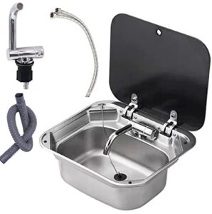 rv sink kitchen bar sink rv stainless steel hand wash basin sink with folded faucet tempered glass lid washbasin for camper, trailer, caravan, rv, home, cafe, bar, boat