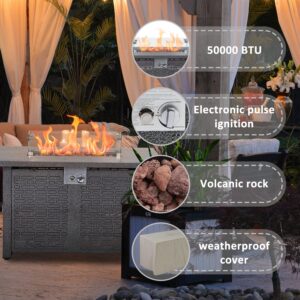ESSENTIAL LOUNGER 42 inch 50,000BTU Propane Gas Fire Pit Table, Hollow Wrought Steel Fire Table, with Tempered Glass Cover and Black Steel Lid