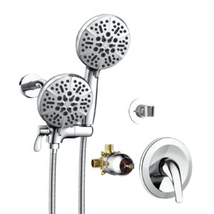 astomi 63-setting dual shower head faucet set, 2 in 1 high pressure rain shower head with 7 functions handheld spray, chrome 3-way diverter shower system include brass valve and trim kit
