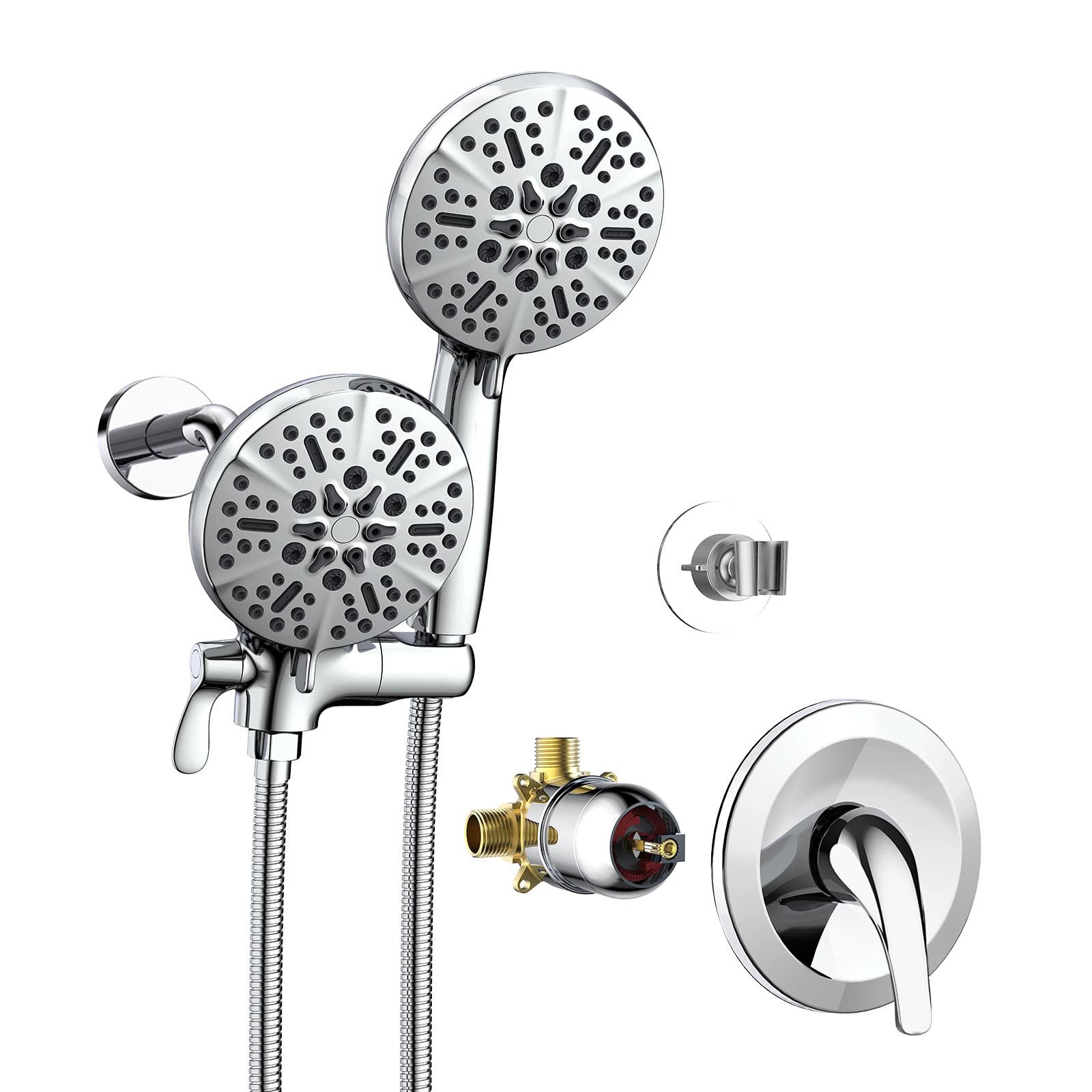 Astomi 63-Setting Dual Shower Head Faucet Set, 2 in 1 High Pressure Rain Shower Head with 7 Functions Handheld Spray, Chrome 3-Way Diverter Shower System Include Brass Valve and Trim Kit