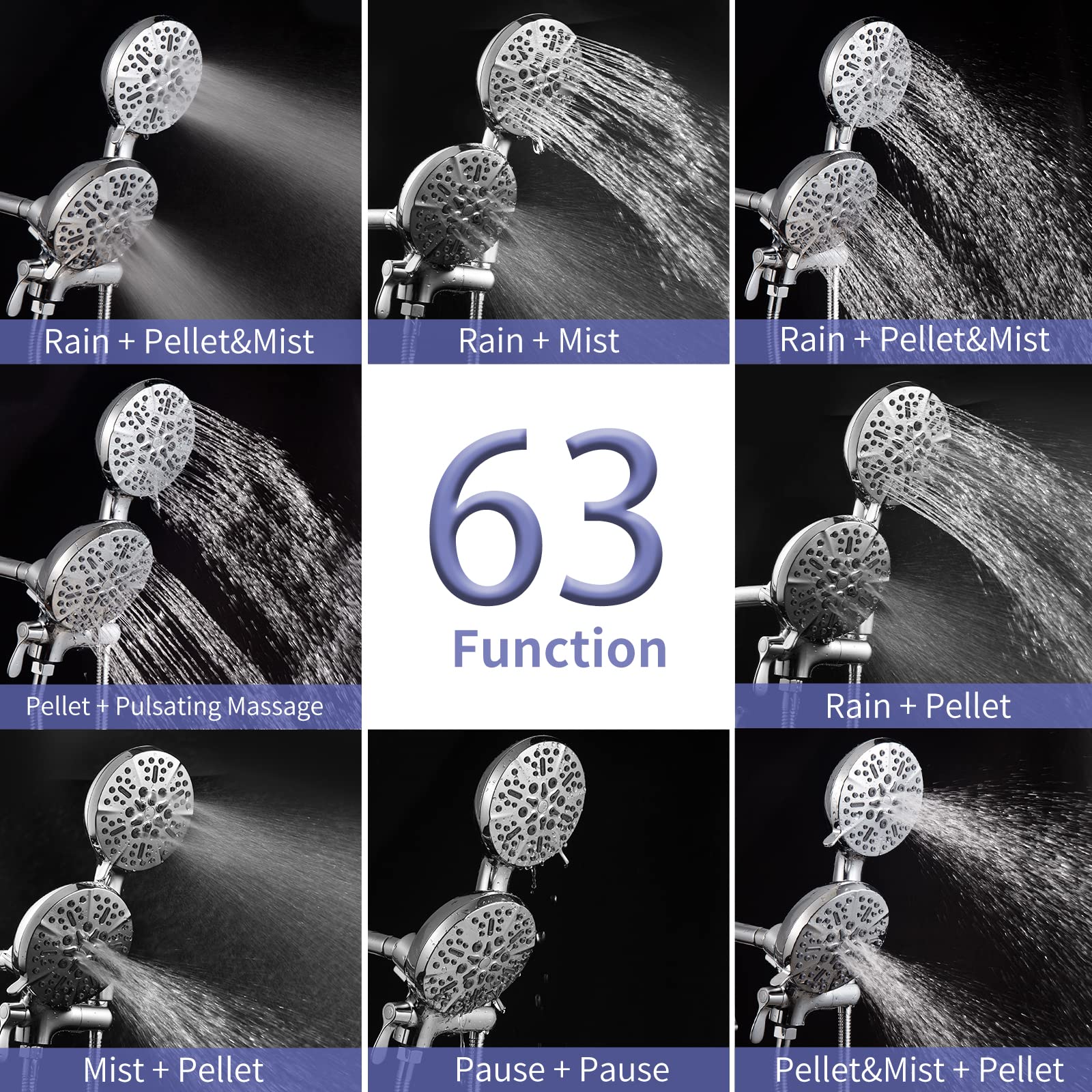 Astomi 63-Setting Dual Shower Head Faucet Set, 2 in 1 High Pressure Rain Shower Head with 7 Functions Handheld Spray, Chrome 3-Way Diverter Shower System Include Brass Valve and Trim Kit