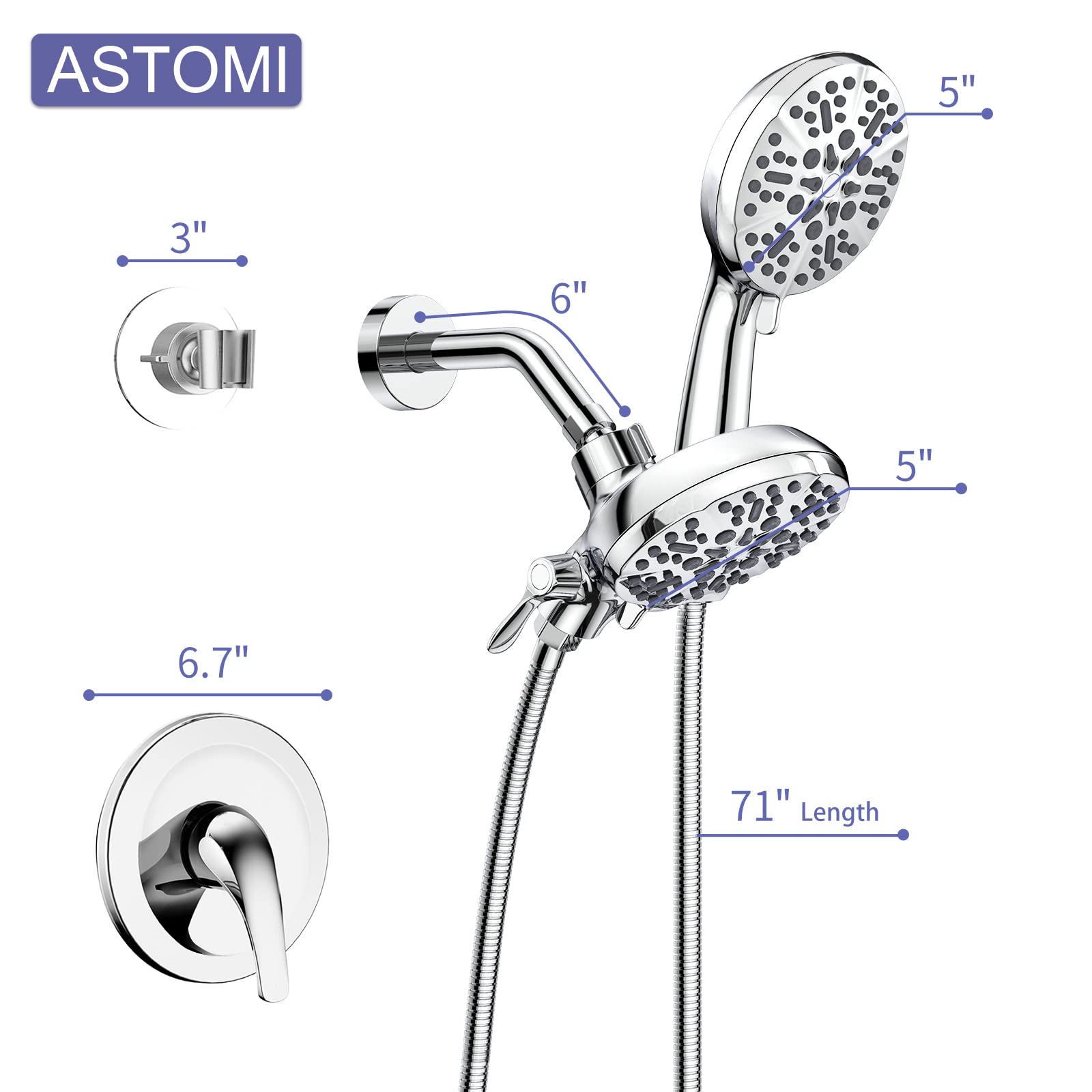 Astomi 63-Setting Dual Shower Head Faucet Set, 2 in 1 High Pressure Rain Shower Head with 7 Functions Handheld Spray, Chrome 3-Way Diverter Shower System Include Brass Valve and Trim Kit