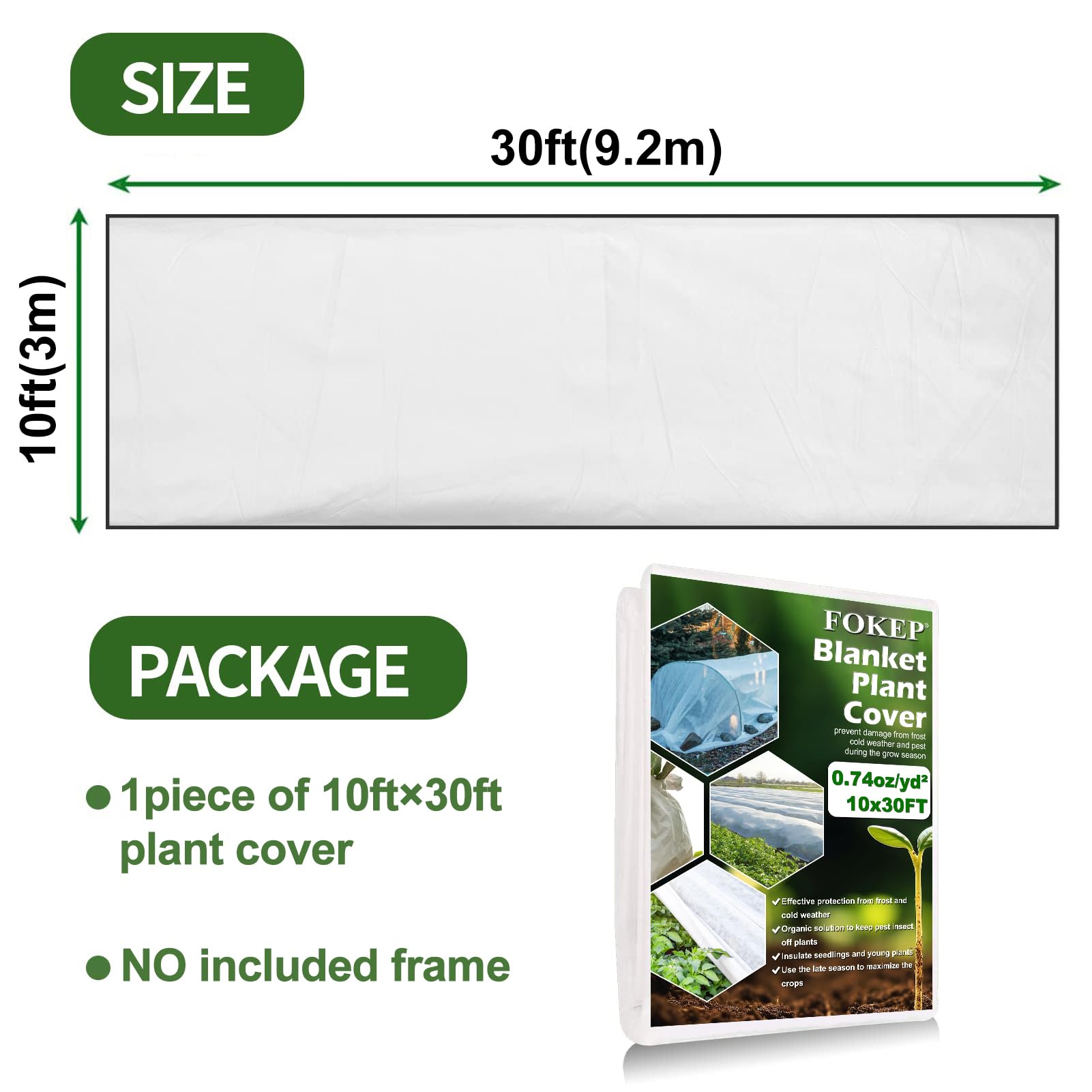 FOKEP 10Ft x 30Ft Plant Covers Freeze Protection, Reusable Frost Cover Plants Blanket for Winter, Floating Row Fabric Cover for Vegetables, Insect Protection, Sunscreen, Season Extension, 0.74oz/yd²