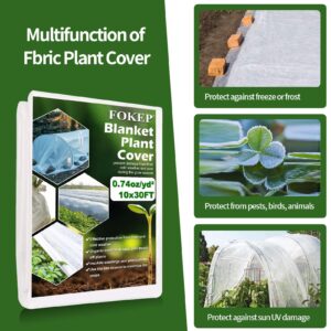 FOKEP 10Ft x 30Ft Plant Covers Freeze Protection, Reusable Frost Cover Plants Blanket for Winter, Floating Row Fabric Cover for Vegetables, Insect Protection, Sunscreen, Season Extension, 0.74oz/yd²