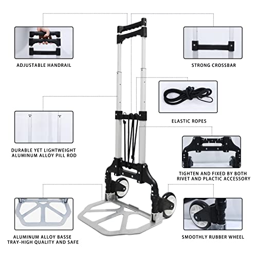 Folding Hand Truck,Personal Dolly Cart, Luggage Hand Cart, Aluminum Box Cart Lightweight Portable with Telescoping Handle for Personal, Travel, Shopping, Moving, Office-176 lbs Capacity