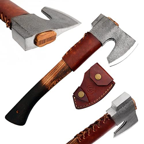 Qureshi Knife Handcrafted Carbon Steel Viking Axe – Gardening Axe - Quality Rosewood Handle Hatchet for Camping Tools - Sturdy 15 Overall Length with 5.3 Cutting Edge, Includes Leather Sheath