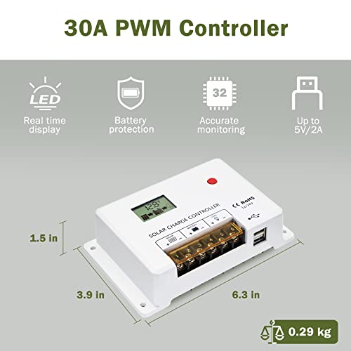 HQST 30Amp 12V/24V PWM Solar Charge Controller Regulator with LCD Display, Dual USB Ports, for Lithium, Sealed, Gel, Flooded Batteries
