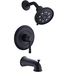 matte black tub shower trim kit pressure balance shower faucet set 7 function powerful shower head with diverter bathtub spout (brass rough-in valve included)