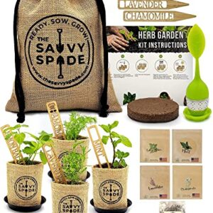 Tea Seeds Herb Garden Kit Indoor – Non-GMO Heirloom Chamomile, Lavender, Mint, Lemon Balm Herbal Tea Seeds for Planting – Tea Making Kit w/Soil Amendments, Markers, Infuser – Gardening Gifts