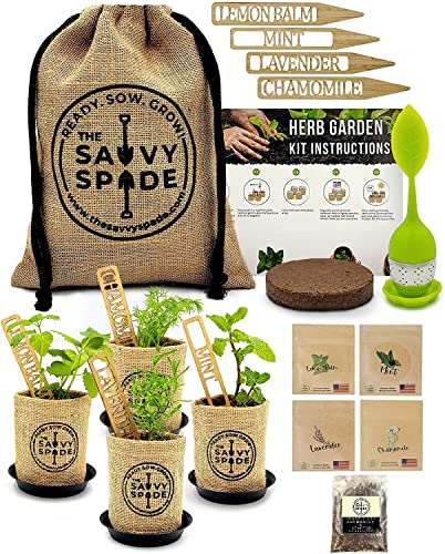 Tea Seeds Herb Garden Kit Indoor – Non-GMO Heirloom Chamomile, Lavender, Mint, Lemon Balm Herbal Tea Seeds for Planting – Tea Making Kit w/Soil Amendments, Markers, Infuser – Gardening Gifts