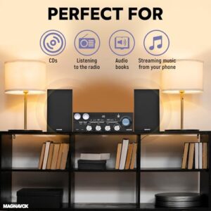 Magnavox MM451 3-Piece Tray Loading CD Shelf System with Digital PLL FM Stereo Radio, Bluetooth Wireless Technology, and Remote Control in Black | LCD Display | AUX Port Compatible |